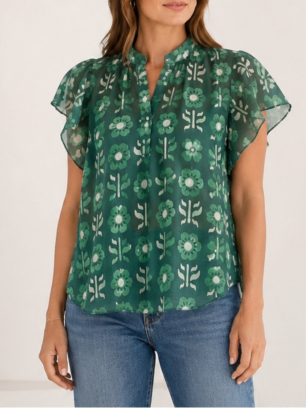 Trovata Birds of Paradis Brett Green Floral Semi Sheer Flutter Sleeve Boho Top
